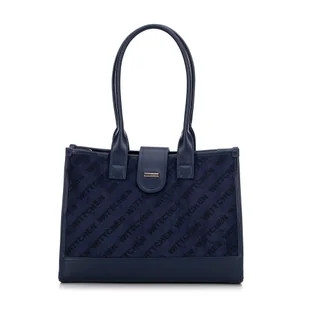 Klasyczna torebka na ramię z materiałową wstawką granatowa - Torebki damskie - miniaturka - grafika 1