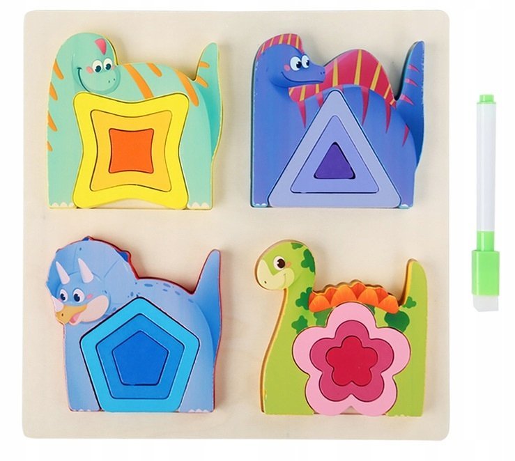 DREWNIANA UKŁADANKA Z ZADANIAMI MAZAKIEM PUZZLE DREWNIANE DINOZAURY