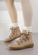 Botki damskie - Beżowe Botki Traperki z Ozdobnym Sznurowaniem i Tłoczoną Podeszwą Fasitta - miniaturka - grafika 1