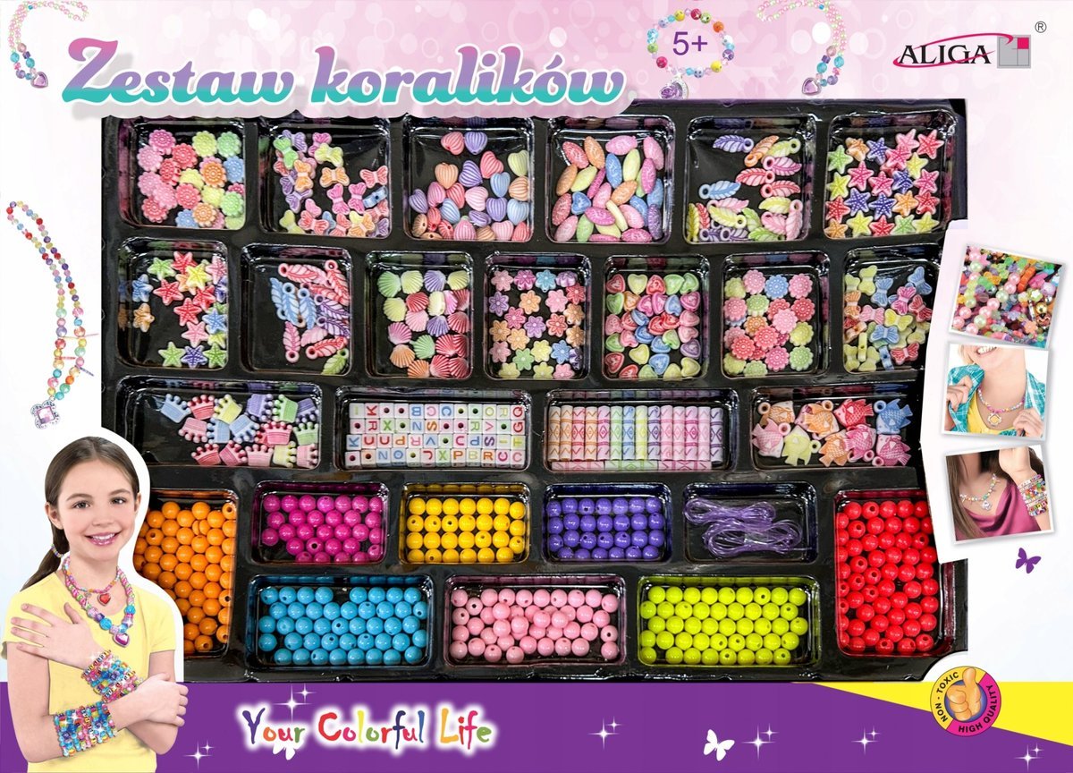 Koraliki plastikowe kolorowe mix + żyłki 650 sztuk Aliga