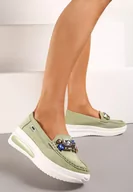 Półbuty damskie - Zielone Półbuty na Niskiej Platformie z Obszytym Przodem i Kryształkami Keelana - miniaturka - grafika 1