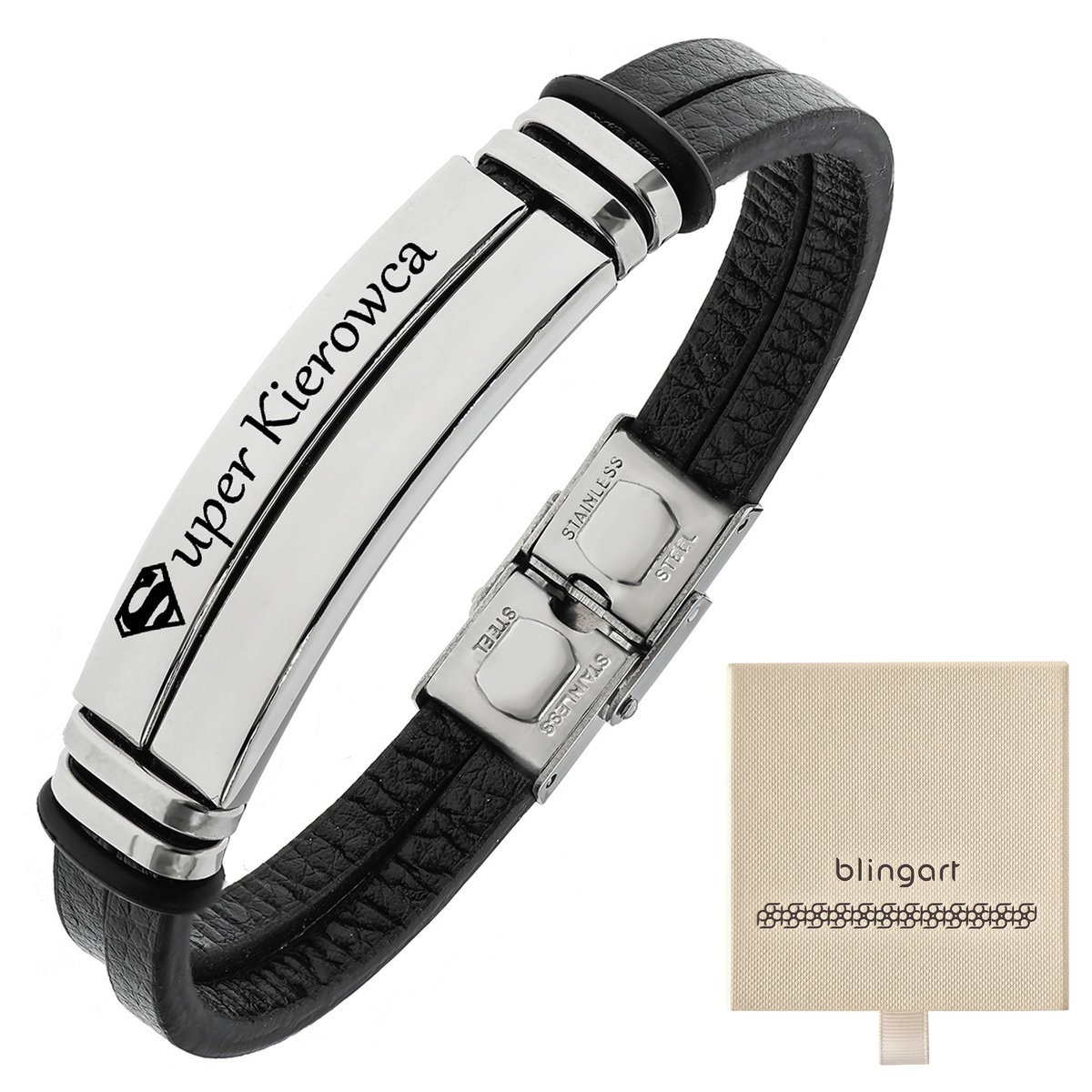 Bransoletka męska SKÓRZANA z grawerem srebrna stal