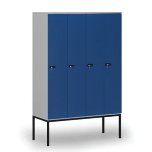 Drewniana szafa ubraniowa z podstawą, 4-drzwiowa, 1871 x 1200 x 500 mm, zamek mechaniczny z kodem, szary/niebieski - Szafy biurowe - miniaturka - grafika 1