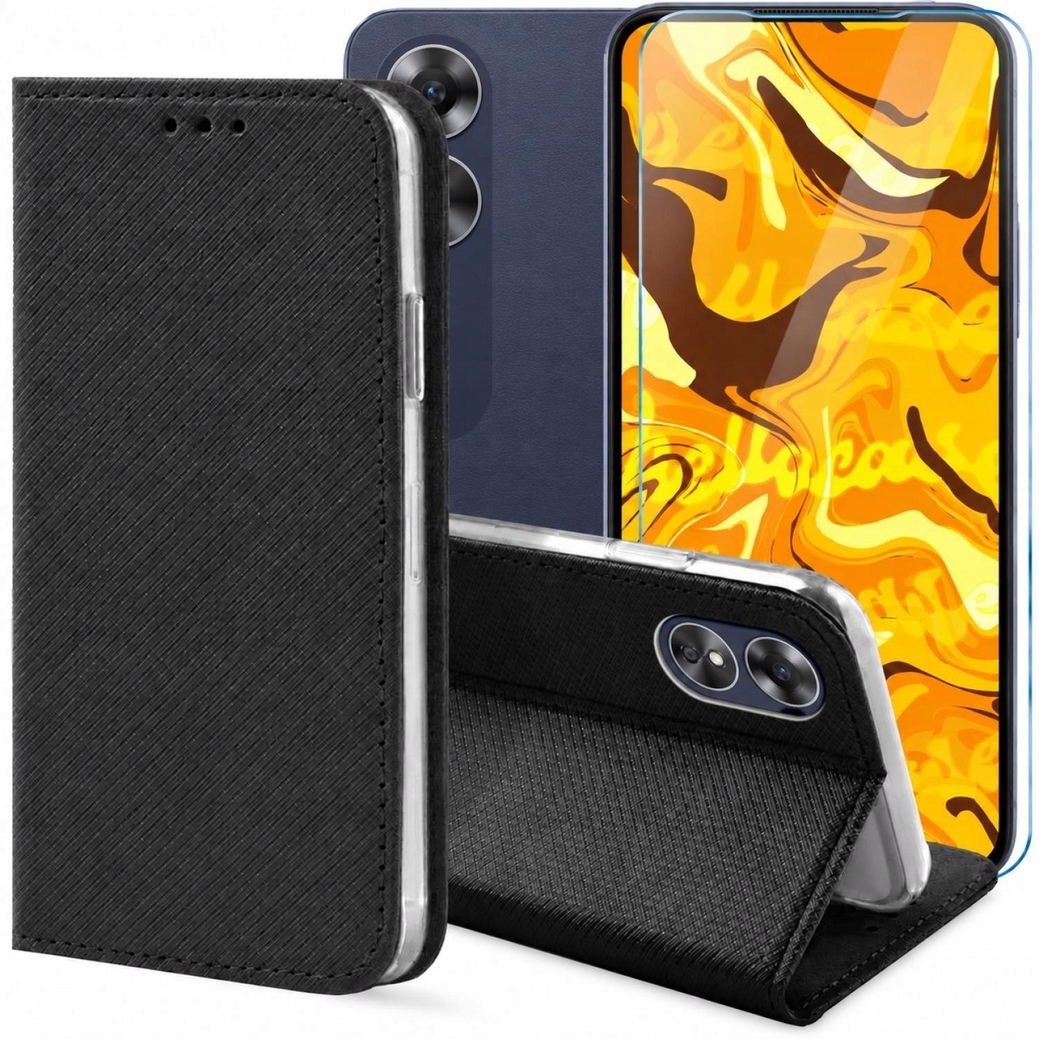 Hello Case Etui z klapką do Oppo A17 czarne, zamykane, magnetyczne, kabura szkło BNDL1190