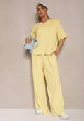 Komplety damskie - Żółty Komplet z Wiskozą T-shirt z Dekoltem w Serek i Spodnie o Szerokim Kroju Zevline - miniaturka - grafika 1