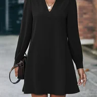 Sukienki - TEMU Elegancka Sukienka-Koszula Damska - Jednokolorowa Sukienka A-Line do Kolan z Kołnierzem i Zapięciem na Guziki z Tyłu, Bluzka na Półformalne - miniaturka - grafika 1