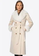 Płaszcze damskie - Dwurzędowy damski płaszcz z futrzanym kołnierzem kremowy - miniaturka - grafika 1