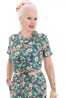 Bluzki damskie - Queen Kerosin Damska bluzka z tropikalnym wzorem, dekolt w kształcie litery V, krótki rękaw, luźny krój, wzorzysty wzór, zielony, S - miniaturka - grafika 1