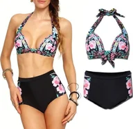 Stroje kąpielowe - Pan i Pani Gadżet Strój kąpielowy wiązany kwiaty z wysokim stanem - miniaturka - grafika 1