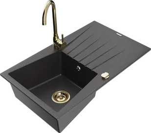 Mexen Cesar zlewozmywak granitowy 1-komorowy z ociekaczem i baterią kuchenną Telma, czarny nakrapiany - 6514-76-670200-50 - Zlewozmywaki z baterią - miniaturka - grafika 1