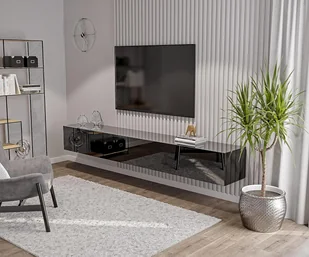 Szafka RTV Czarna Wysoki Połysk - 270 x 40 x 35 cm - Szafka Wisząca - Komoda - Półka RTV - Lowboard - Meble Do Salonu - Push-to-Open-System - Szafki RTV - miniaturka - grafika 1