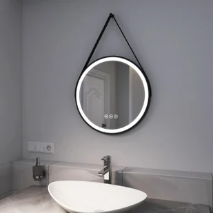 EMKE Lustro łazienkowe LED okrągłe o średnicy 50 cm Lustro łazienkowe LED z oświetleniem 3 barwy światła 3000-6500K chłodna biel neutralna ciepła biel ściemnialne podświetlane lustro z zabezpieczeniem przeciwmgielnym i przełącznikiem dotykowym IP44 energooszczędne (czarny design) - Lustra - miniaturka - grafika 1