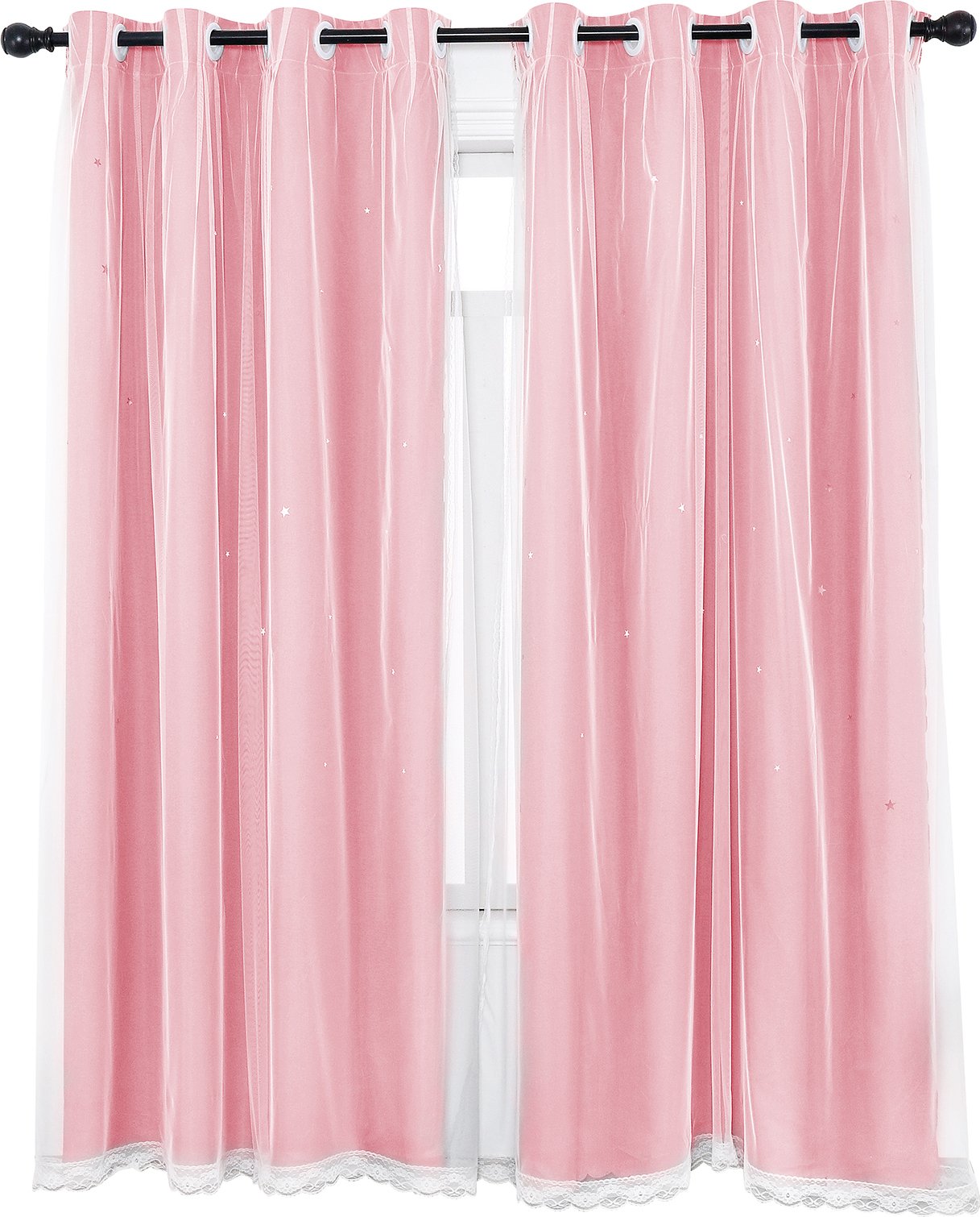 Zasłona wydrążona gwiazda dwuwarstwowa woalowa nieprzezroczysta zasłona oczkowa do sypialni pokoju dziecięcego, różowa, 130x243cm