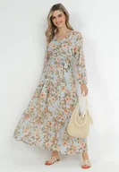 Sukienki - Miętowa Rozkloszowana Sukienka w Kwiaty Maxi z Gumką i Wiązaniem w Pasie Manirisa - Born2be - miniaturka - grafika 1