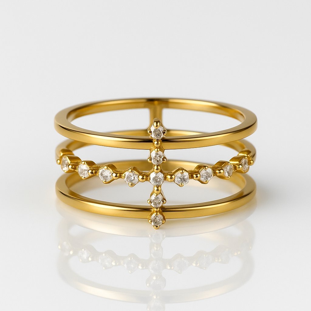 Złota pierścionek damski z krzyżykiem i cyrkoniami [Rozmiar pierścionków: US 7]