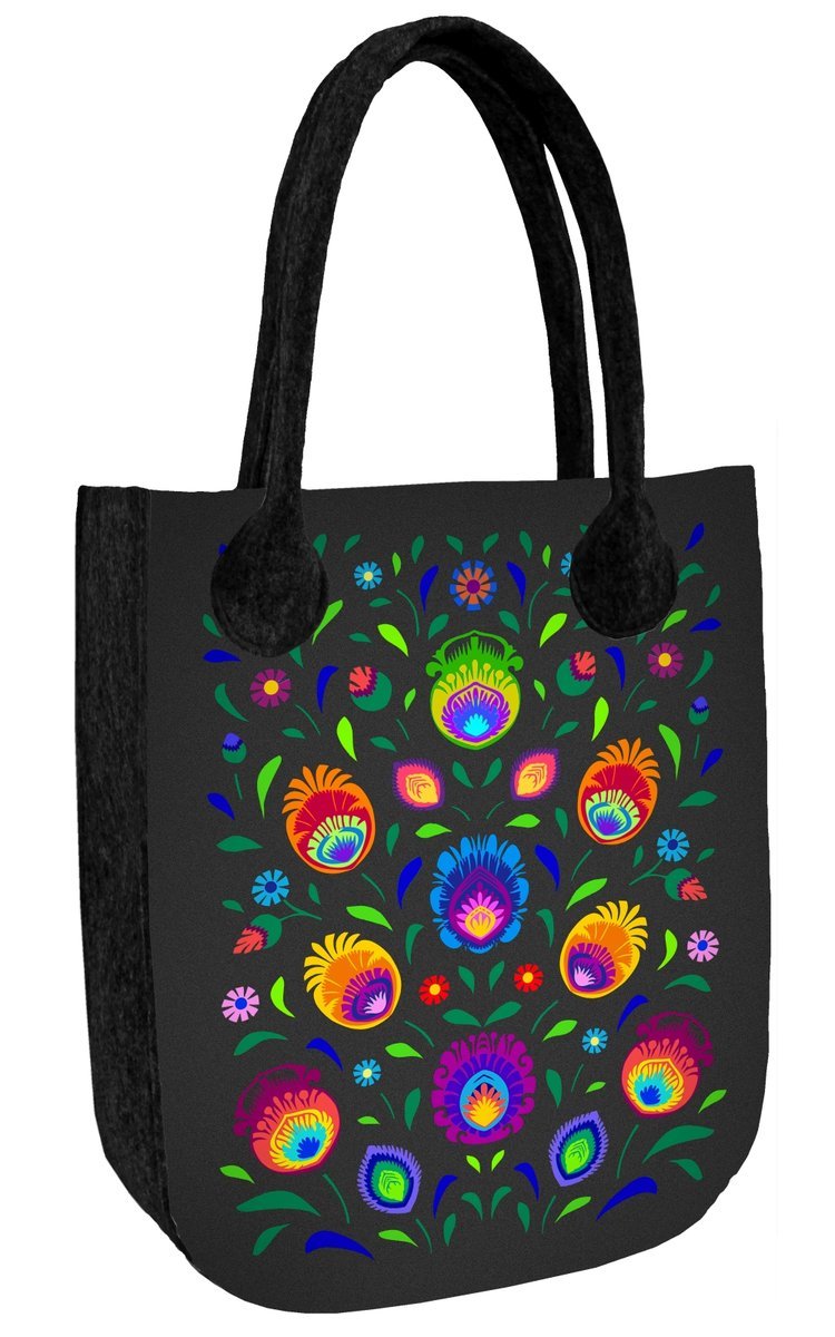 Torebka filcowa City Antracyt, nadruk Oberek – shopperka damska, ekologiczny filc, zamek, mieści A4, udźwig do 10 kg, polska produkcja, ARCO Design