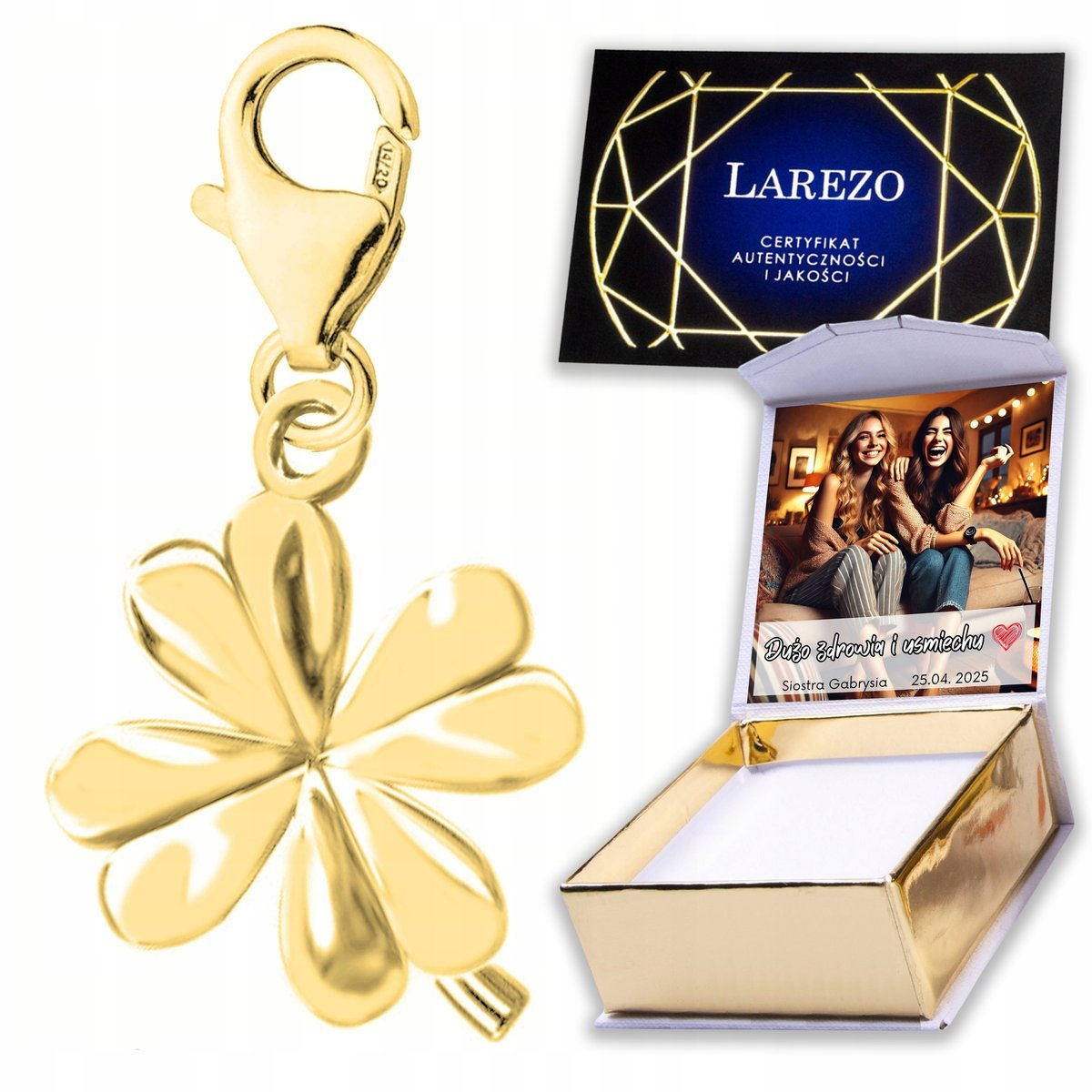 Złota Zawieszka 925 z Koniczyną Czterolistna Koniczyna Clover Liść NADRUK