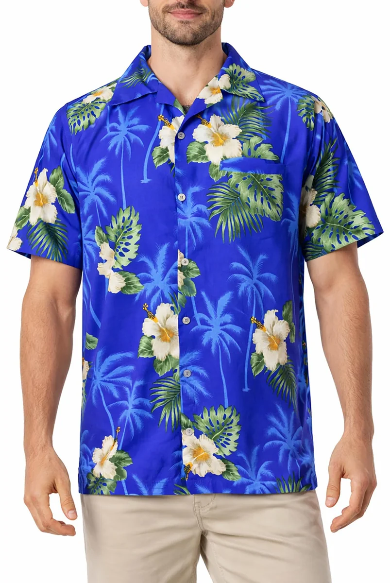 King Kameha Funky-hawajska koszula męska z krótkim rękawem, kieszeń z przodu, małe kwiaty, kwiaty, uniseks, S-Flower-Design-niebieski, 3XL