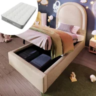 Meble do sypialni - Łóżko z pojemnikiem 90 x 200 cm z okrągłym zagłówkiem - skóra ekologiczna - stelaż listwowy - beżowe (z materacem) - miniaturka - grafika 1