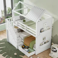 Łóżka dla dzieci i młodzieży - Łóżko piętrowe dla dzieci 90x200 cm z miejscem do przechowywania, szufladami i półkami, bezpieczne schody, nowoczesny biały design - miniaturka - grafika 1