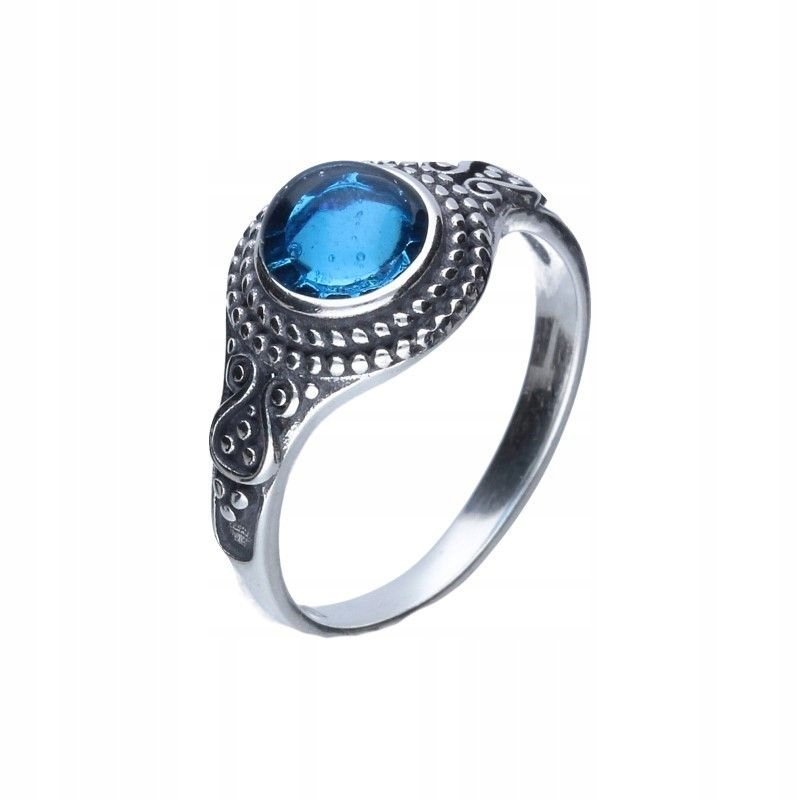 Pierścionek ze srebra 925 z niebieskim kryształem oksydowany na prezent r18