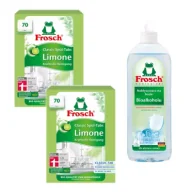 Środki do zmywarek - Frosch Tabletki do zmywarek Classic limonkowe + Nabłyszczacz na bazie Bioalkoholu Zestaw 2 x 70 szt. + 750 ml - miniaturka - grafika 1