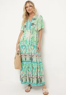 Zielona Wiskozowa Sukienka Boho Zapinana na Guziki z Materiałowym Paskiem w Talii Dimovana - Sukienki - miniaturka - grafika 1