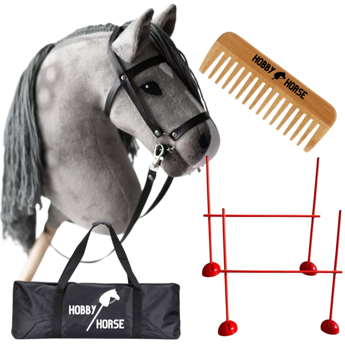 ZESTAW HOBBY HORSE KOŃ NA KIJU A3 + 2x PRZESZKODA DO SKAKANIA 120 CM + GRZEBIEŃ [M-ZESTAW-H4-2]