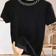 Bluzki damskie - TEMU Koszulka z Eleganckim Efektem Perłowym dla Kobiet – Casual i Formalna, Nieprześwitująca Czarna Bluzka na Każdą Porę Roku, Uniwersalny Styl, - miniaturka - grafika 1