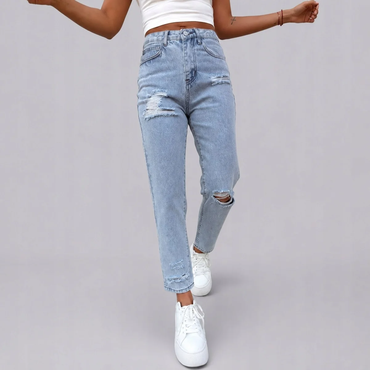 [r. L] Jeansy damskie mom fit wysoki stan przetarcia bawełna