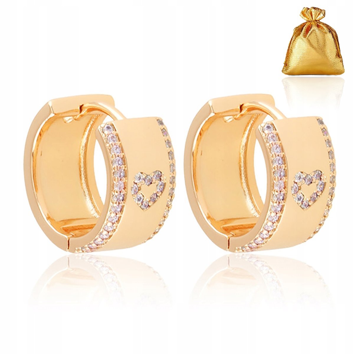 Złote Kolczyki Damskie Kółka Z Sercami + Cyrkonie 18K Stal Chirurgiczna