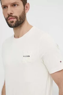 Koszulki męskie - Tommy Hilfiger t-shirt bawełniany męski kolor beżowy z aplikacją MW0MW34436 - grafika 1