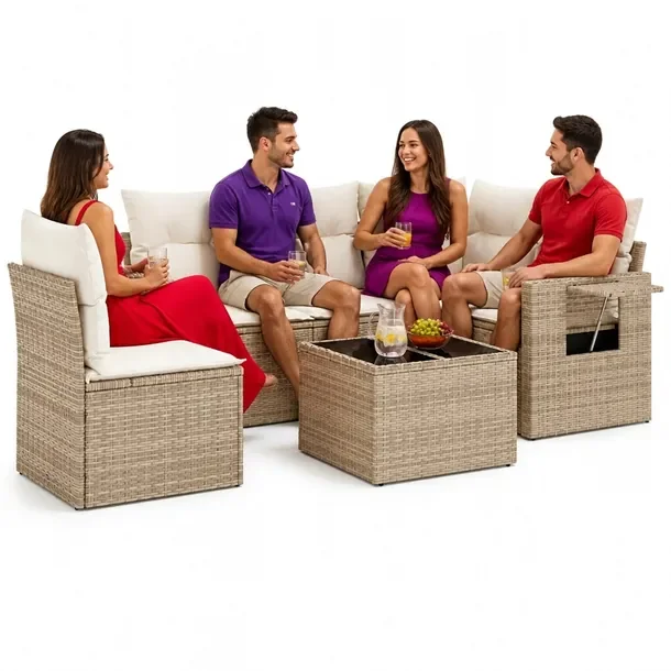 Zestaw mebli ogrodowych z rattanem PE, beżowy, wymiary: 55-62 x 62 x 69 cm