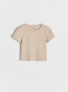 Reserved - Prążkowany t-shirt z haftem - beżowy - Bluzki dla niemowląt - miniaturka - grafika 1