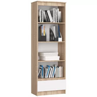 Regał AKORD R60 Dąb Sonoma 60 cm - 1 szuflada, fronty kolor Biały, mat, 4 półki - 60x35x180 cm - Regały - miniaturka - grafika 1