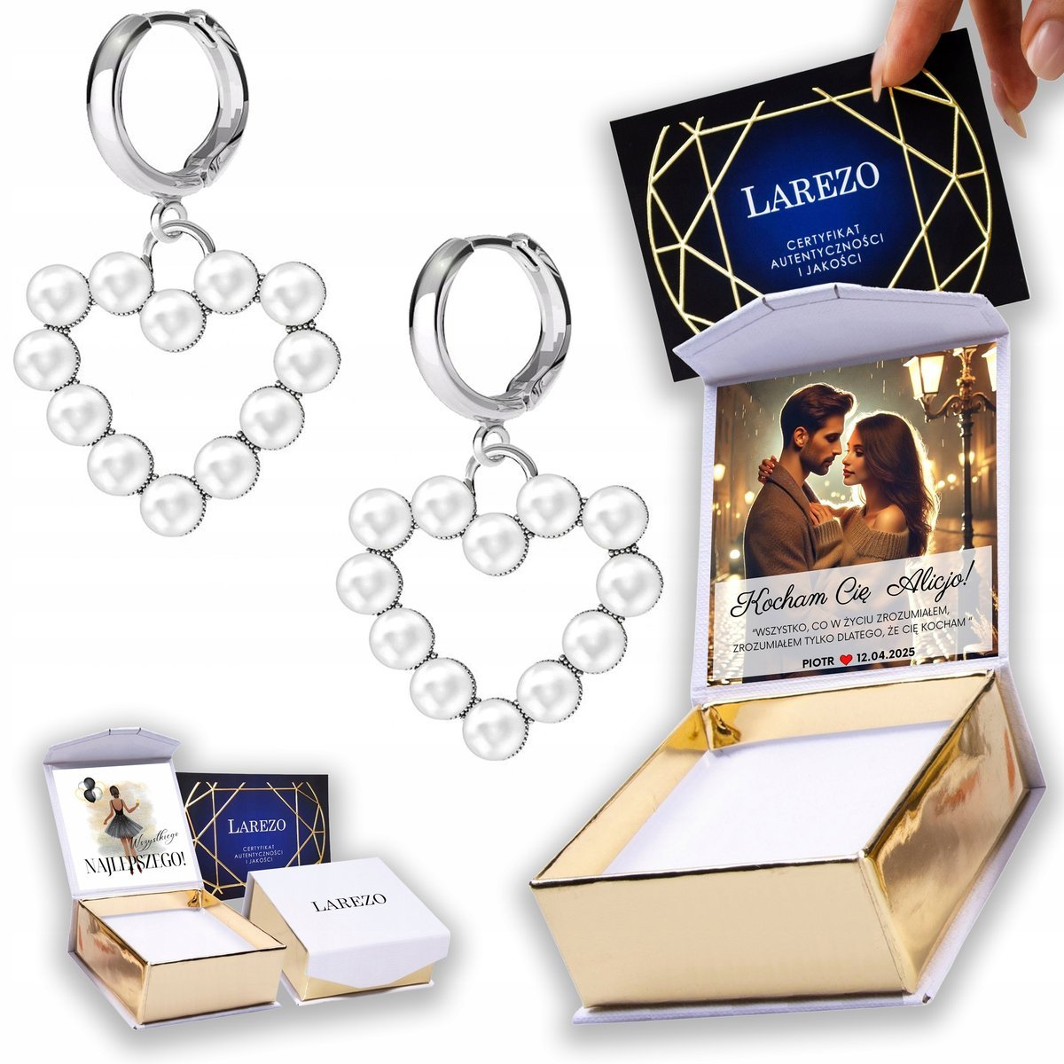 Kolczyki Srebrne 925 Serce z Białymi Perłami Biała Perła Serduszko NADRUK