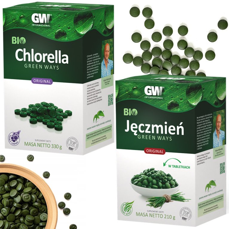 Green Ways Bio Jęczmień 210g (600 tab.) Bio Chlorella 330g (1320 tab.)