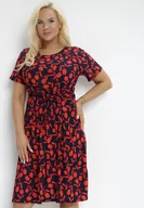 Sukienki - Czerwono-Granatowa Sukienka Midi w Kwiaty z Materiałowymi Paskami i Krótkimi Rękawami Sealiva - miniaturka - grafika 1