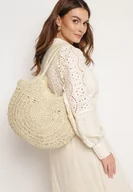 Torebki damskie - Jasnobeżowa Okrągła Torebka Pleciona w Stylu Boho z Ozdobnym Chwostem Karasa - miniaturka - grafika 1