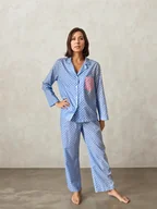 Piżamy damskie - Piżama z bawełny błękitna w kropki długa - miniaturka - grafika 1