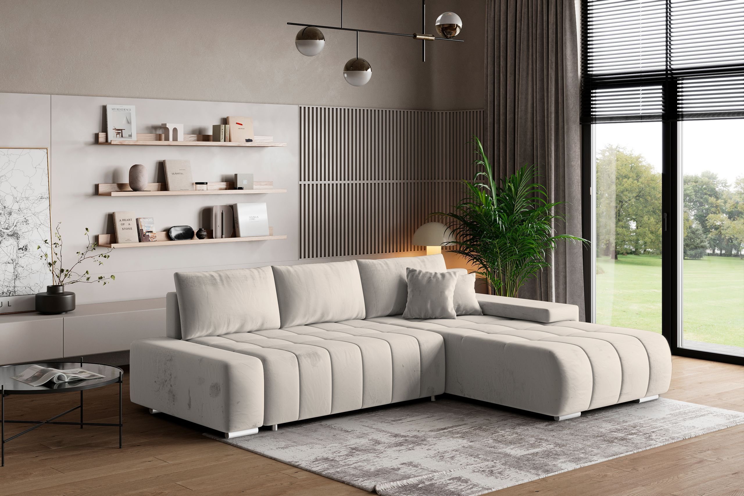 Masseno Narożnik ALESE R-S z funkcją spania i pojemnikiem na pościel Kształt L, Rozkładana sofa, Rogówka - Kremowy, MONOLITH 02
