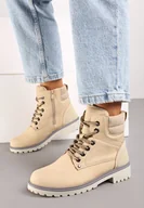 Botki damskie - Beżowe Płaskie Klasyczne Traperki ze Sznurowaniem Lobanne - miniaturka - grafika 1