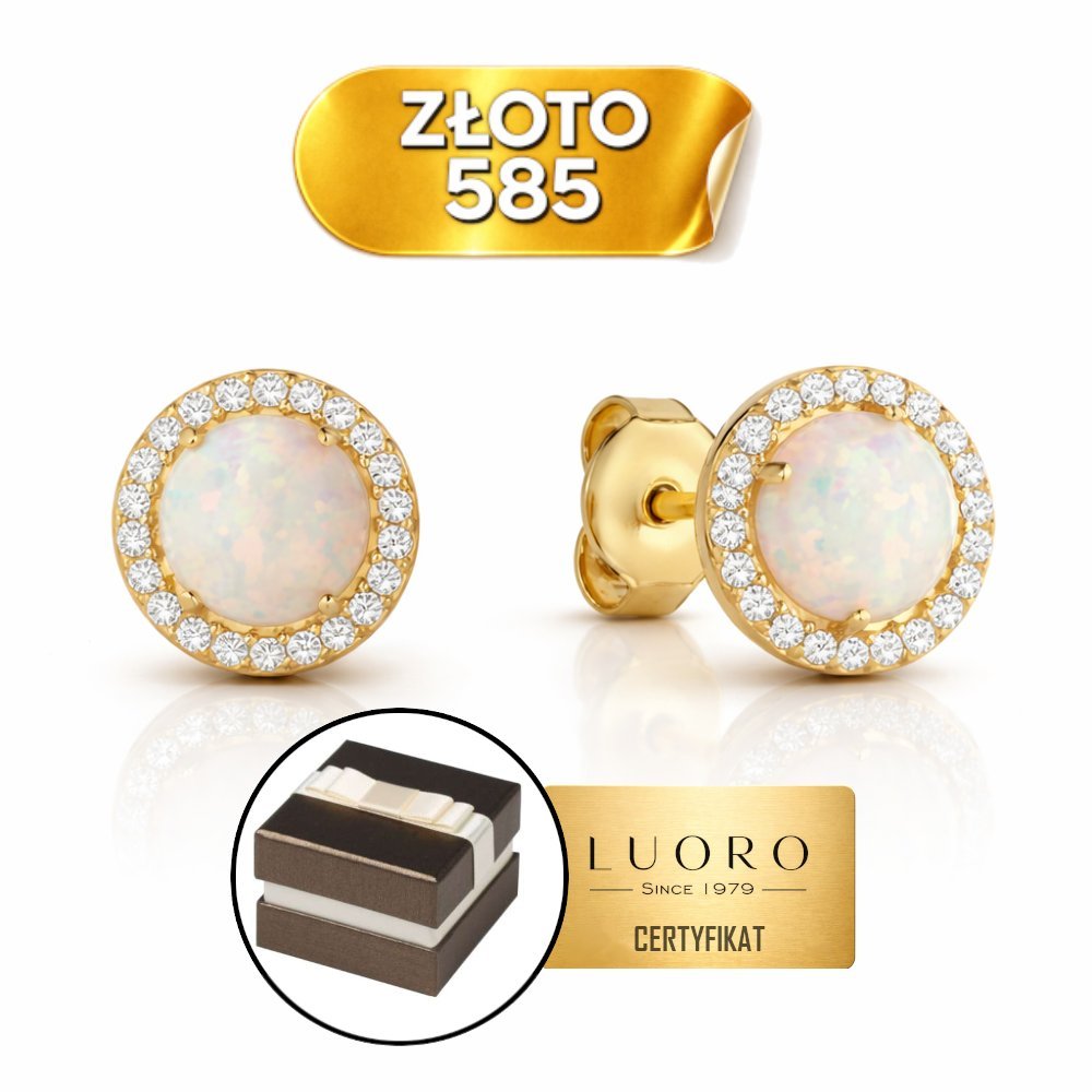 KOLCZYKI ZŁOTE 585 14K OPAL OTACZANY CYRKONIAMI KÓŁKO SZTYFT 9 MM