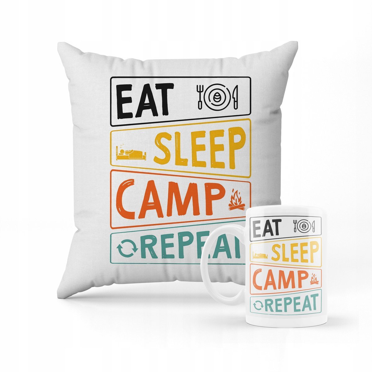 ZESTAW PODUSZKA + kubek Eat sleep camp śmieszny wzór + IMIĘ