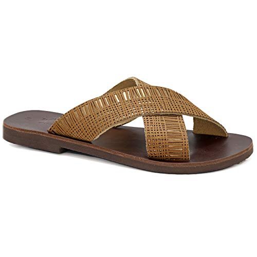 40 Brąz Emmanuela Antyczne Greckie Płaskie Skórzane Sandały, Wysokiej Jakości Handmade Slajd na X Pasek Buty Letnie dla Kobiet, Sandals z otwartymi palcami