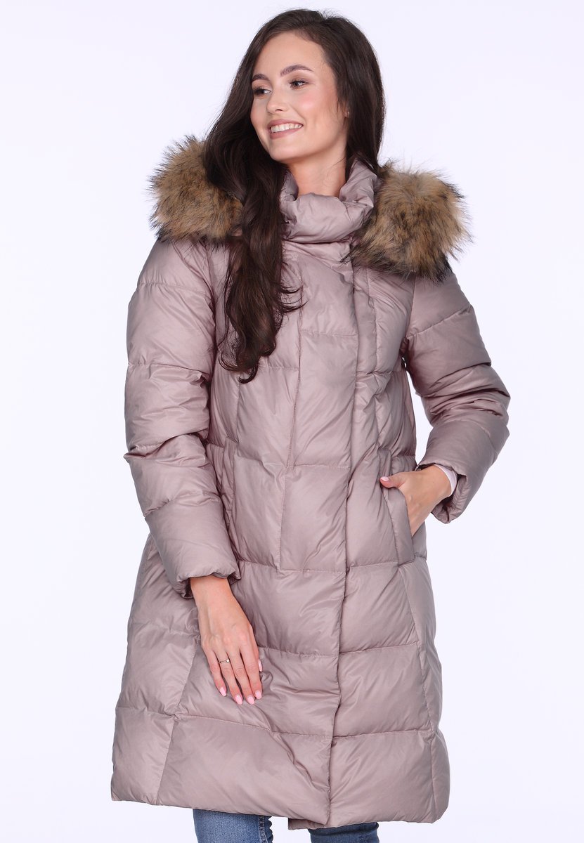 KURTKA DAMSKA PUCHOWA Z EKOLOGICZNYM FUTREM PRZY KAPTURZE