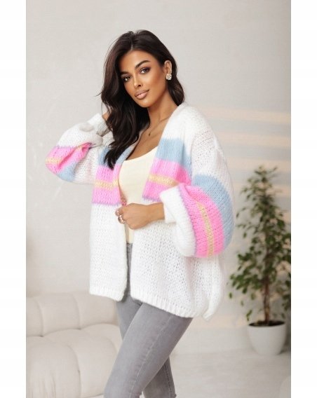 Kardigan Damski Oversize Wełna Akryl Modny Sweter Narzutka Biały