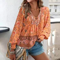 Bluzki damskie - Damska bluzka boho w kwiecisty wzór - Pomarańczowy - miniaturka - grafika 1