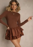Sukienki - Brązowa Sukienka Longsleeve o Rozkloszowanym Kroju z Falbanką Reline - miniaturka - grafika 1
