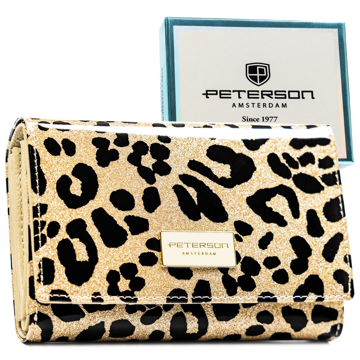 Portfel damski na karty i dokumenty PETERSON ochrona RFID lakierowany elegancki pojemny na zatrzask modny na prezent złoty